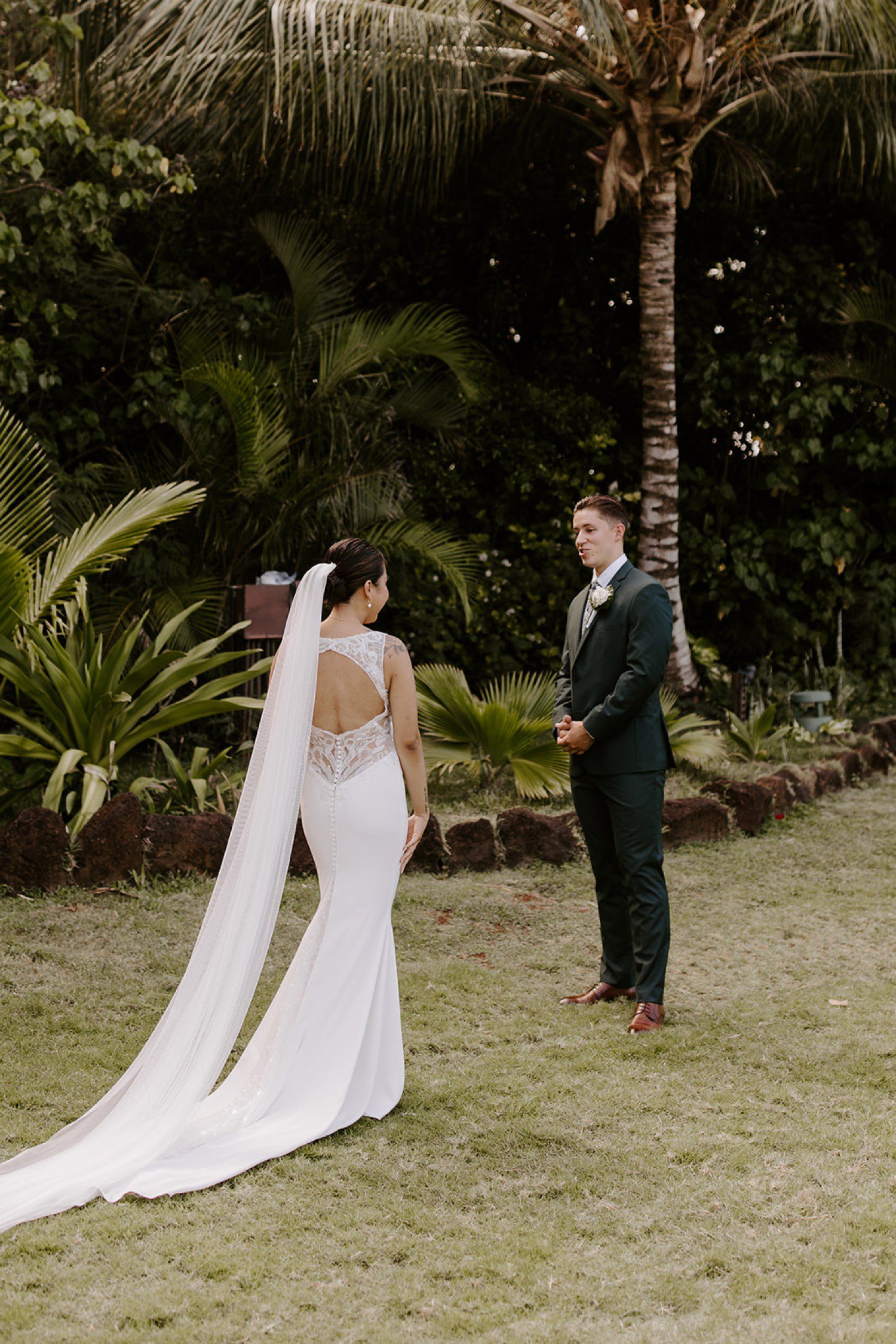 Bride and Groom Wedding First Look at Loulu Palm 