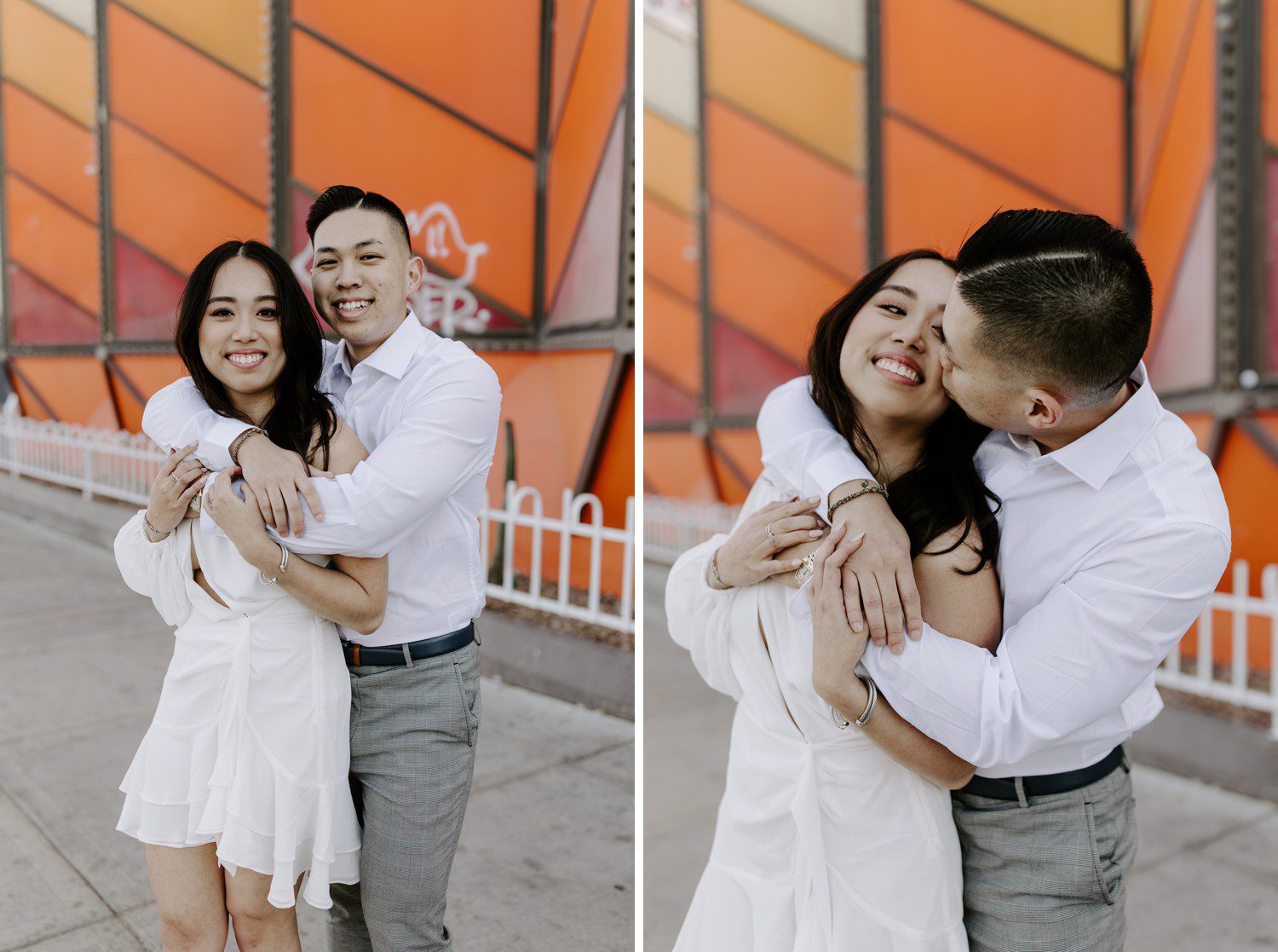 Fremont Street Engagement Session in Las Vegas in front of colorful wall. 