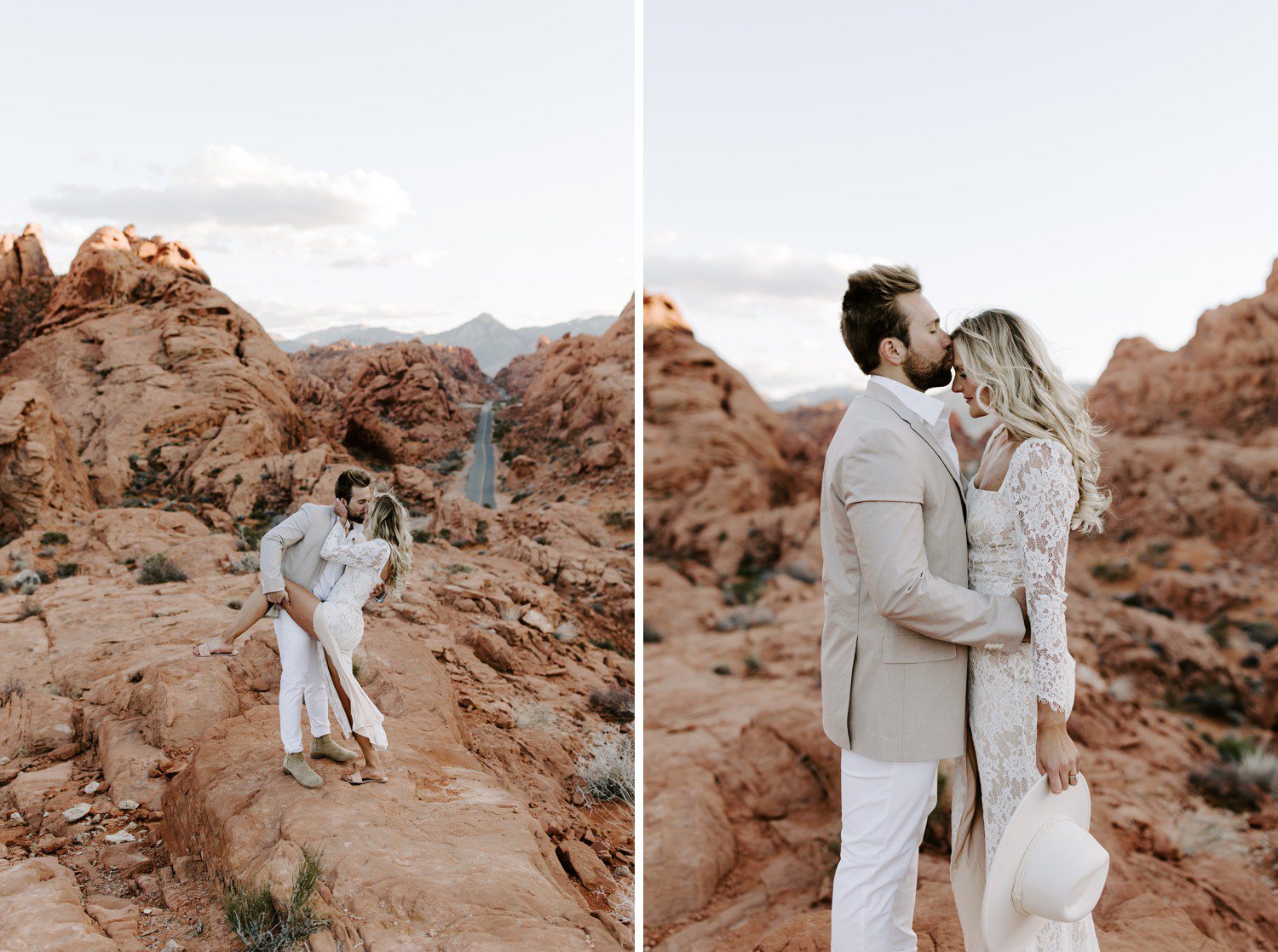 Couple kissing for engagement photos at Valley of Fire near Las Vegas. 