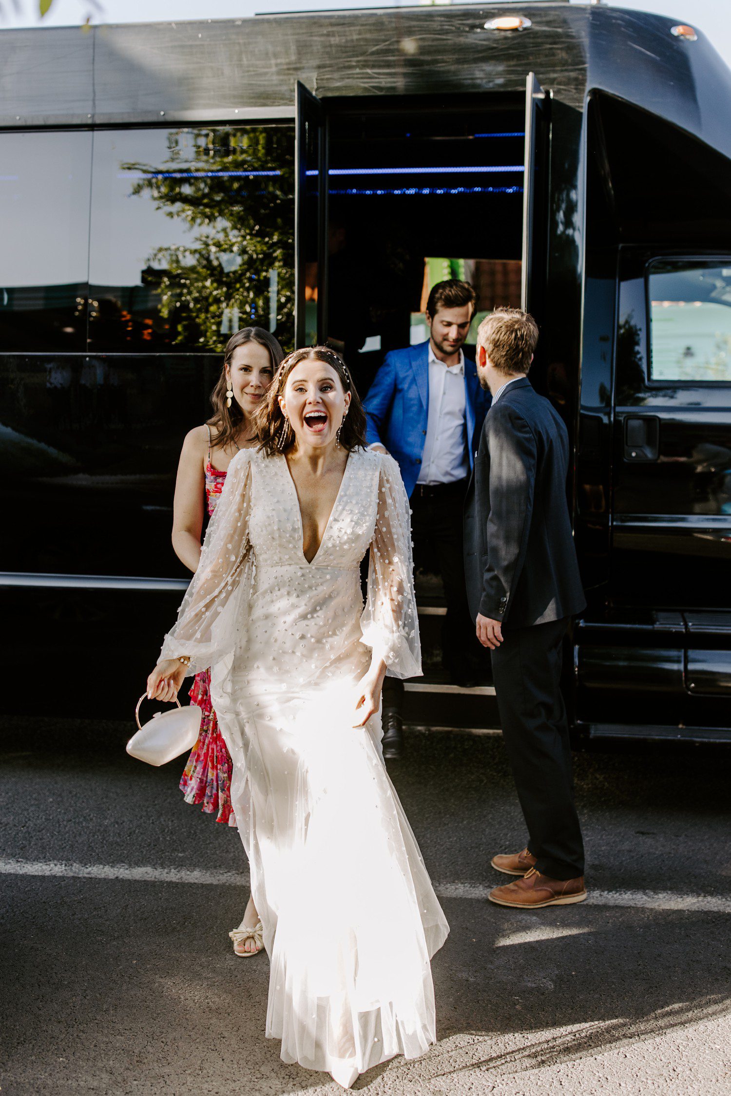 Las Vegas bride walking off bus