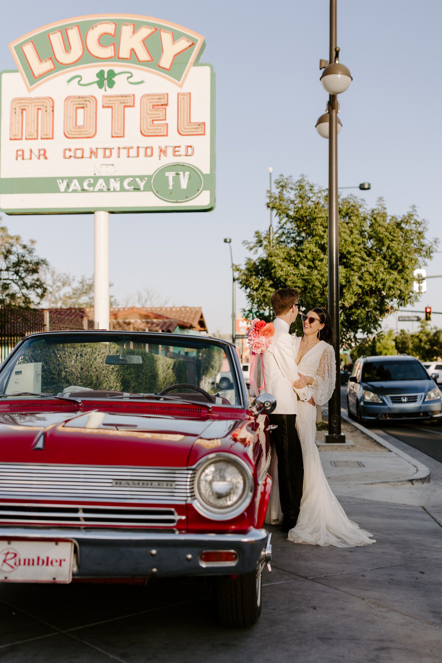 Las Vegas Elopement at Sure Thing Chapel with red vintage car 