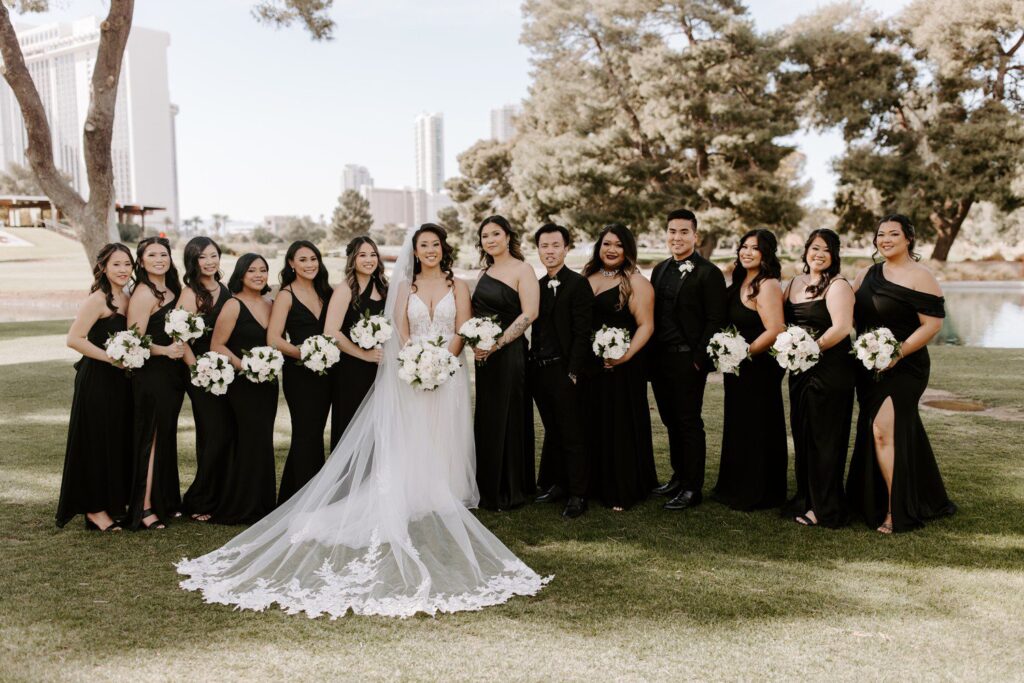 Bride and bridesmaids dresses in black at Las Vegas Country Club