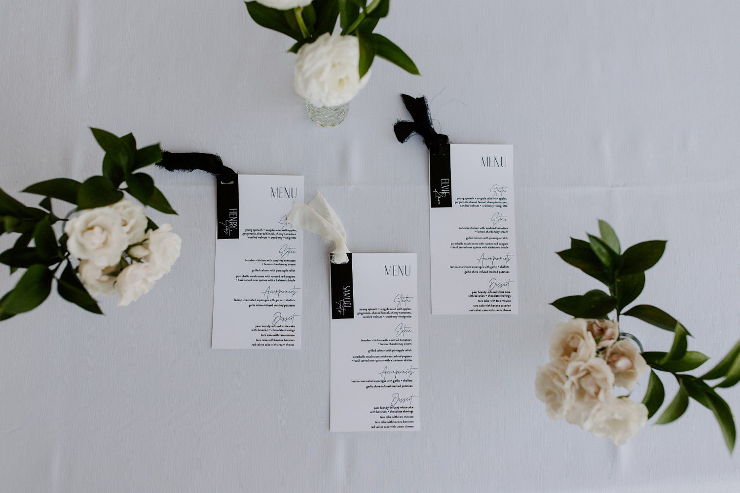 Black and white wedding menu details. 
