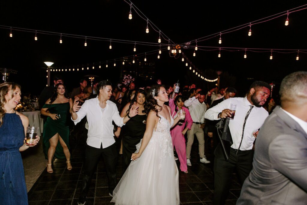 Wedding guests dancing during reception in Las Vegas. 