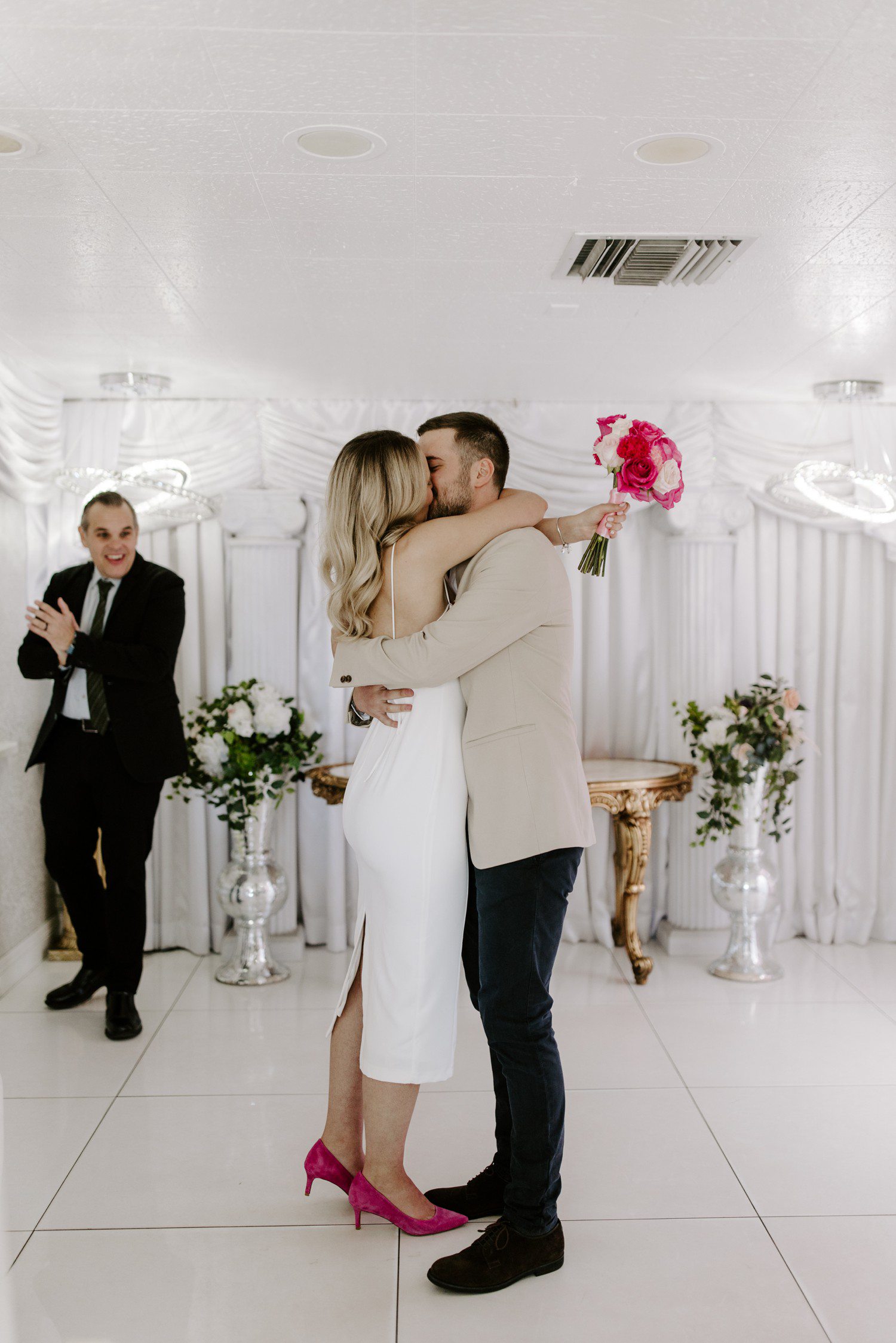 Just married kiss at wedding chapel in Las Vegas.