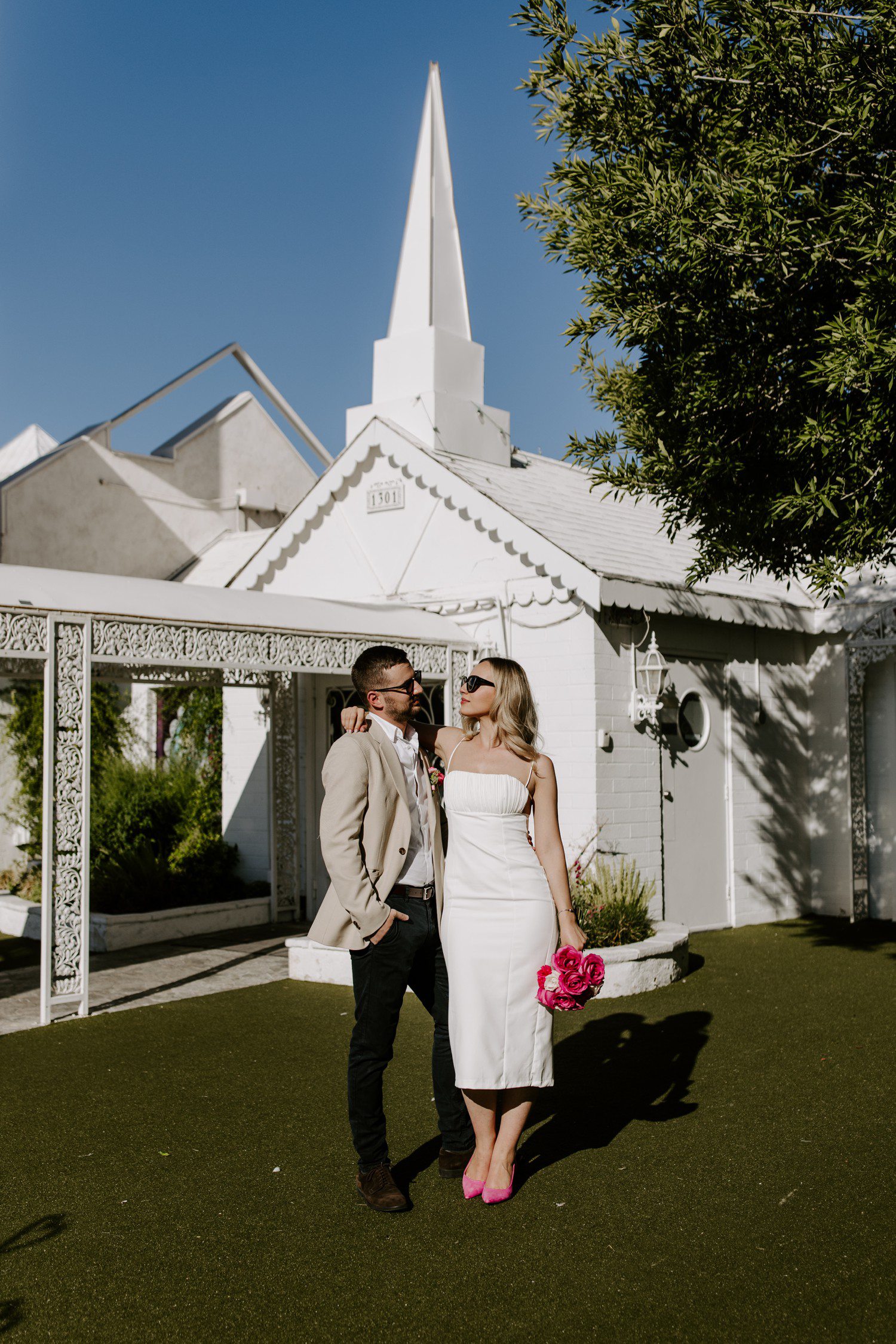 Wedding photos outside of A Little White Chapel.