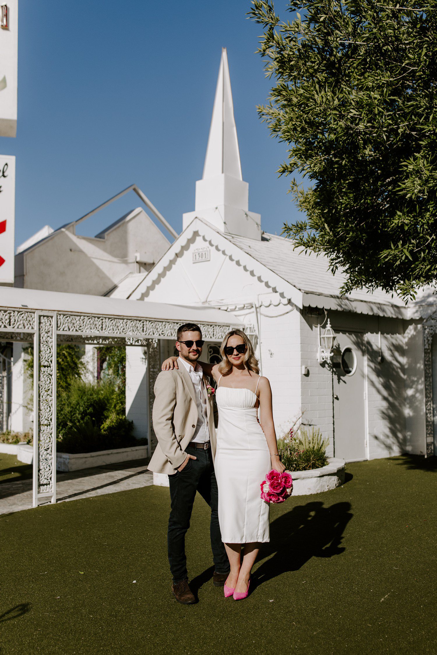 Wedding photos outside of A Little White Chapel.