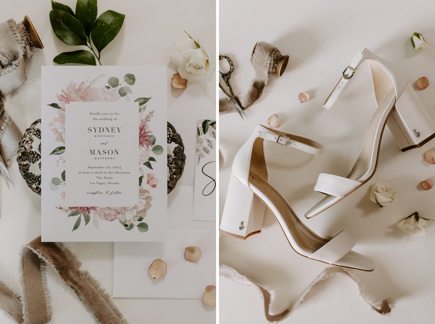 Wedding invitation and wedding shoes flat lay
