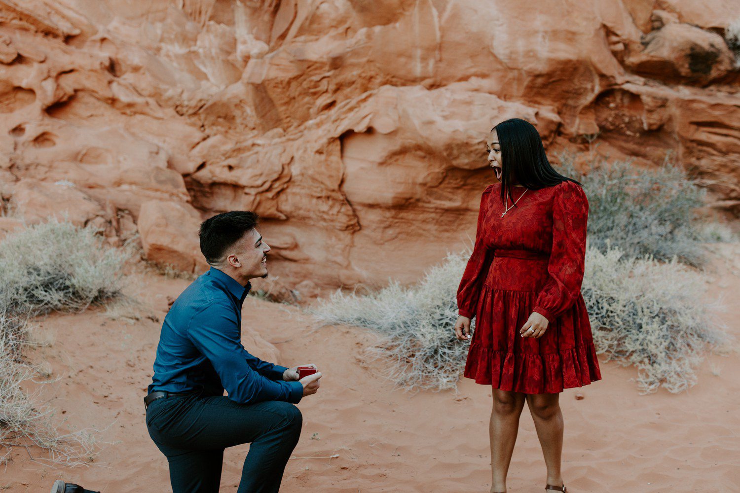 Girls reaction to surprise proposal at valley of fire.