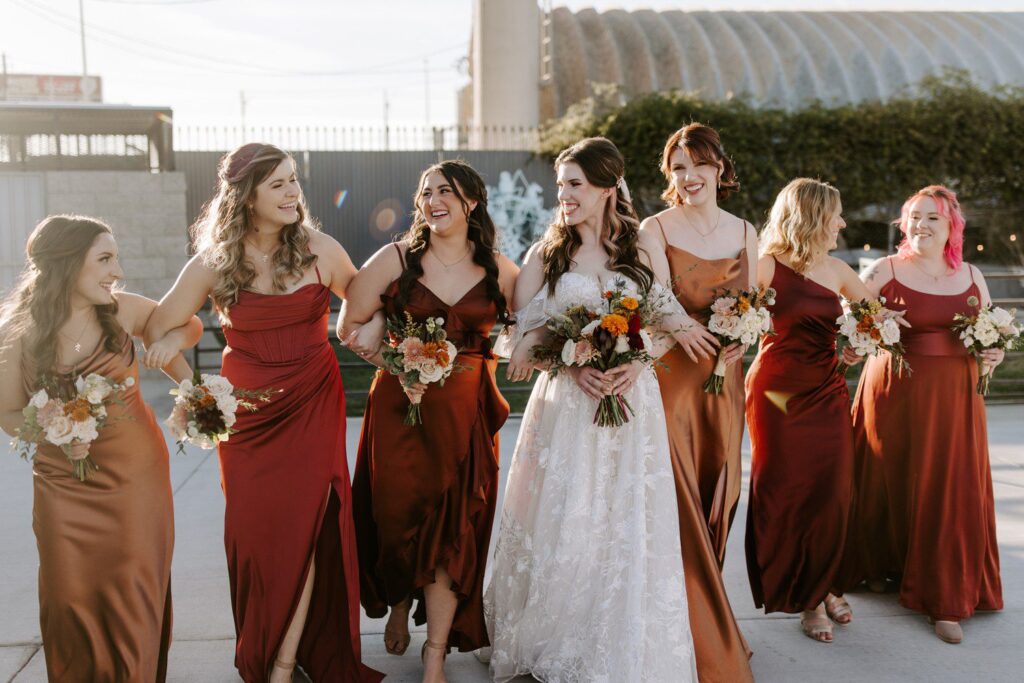 Bridal party walking together.
