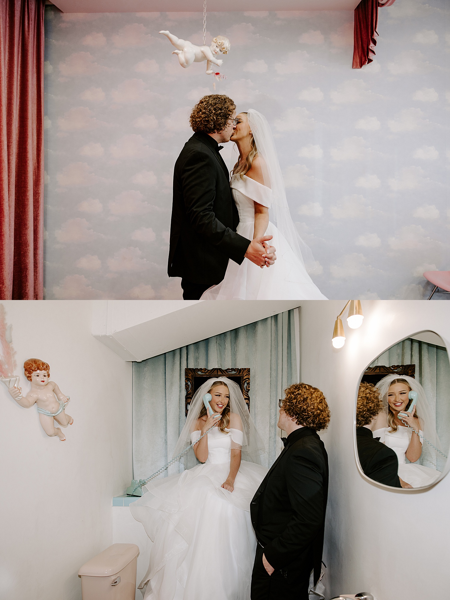 man and woman chat on blue rotary phone by Las Vegas elopement photographer