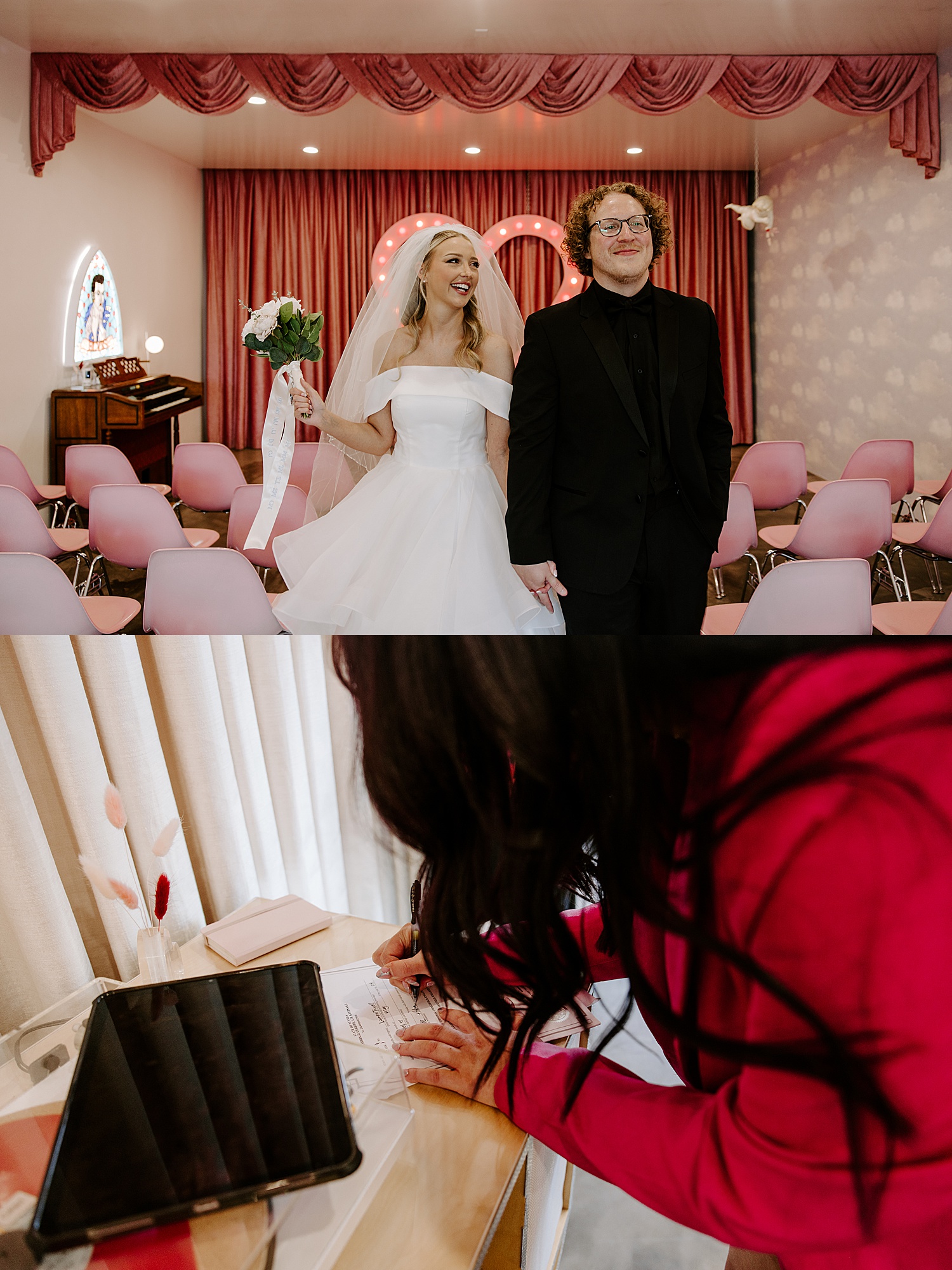 officiant signs marriage license on desk by Las Vegas elopement photographer