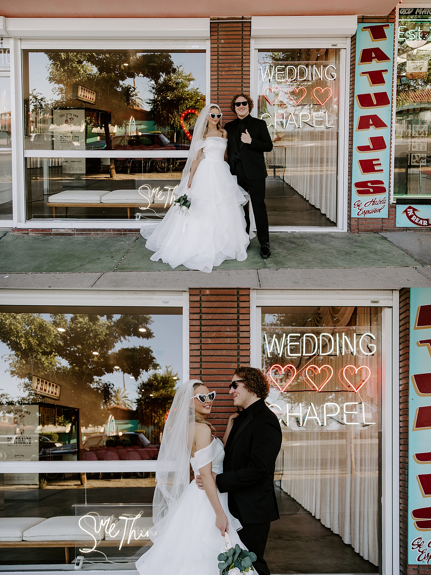 man and woman in sunglasses stand on street after getting married by Las Vegas elopement photographer