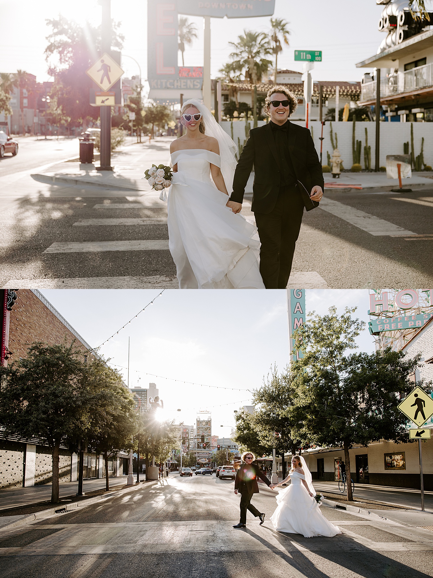 Woman in white gown walks across side walk in front of Sure Thing Chapel