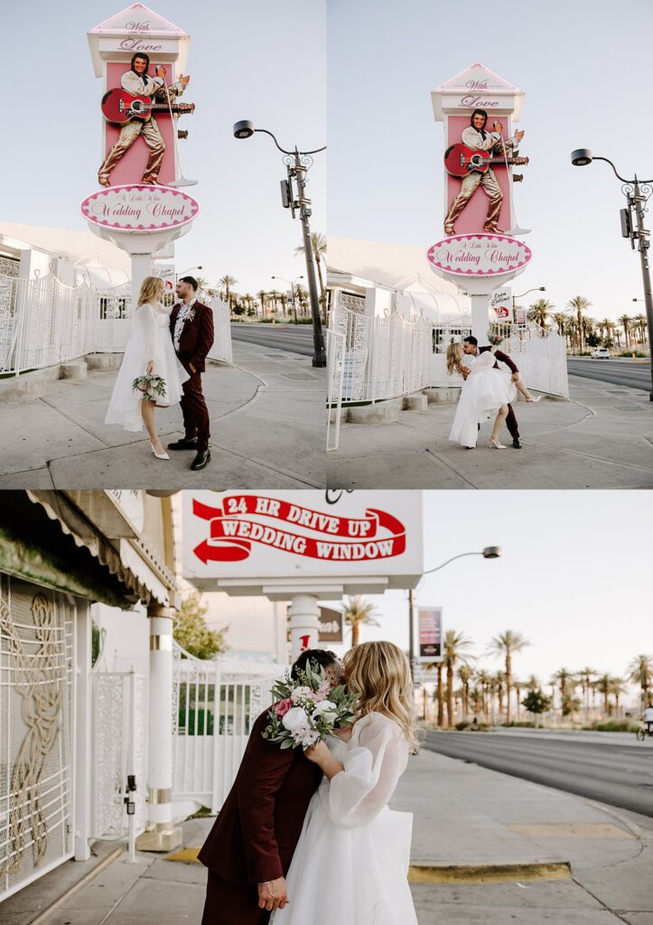 couple kiss in front of Wedding Chapel by Katelyn Faye photography