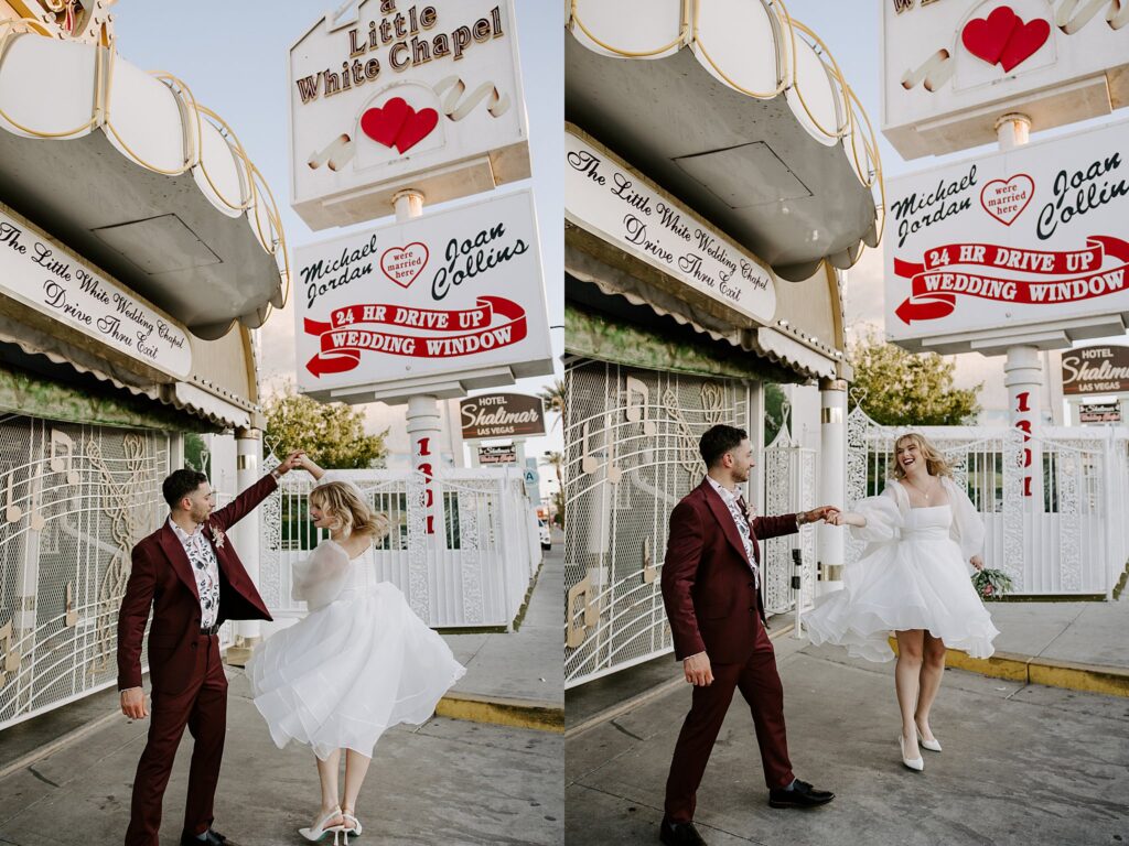 couple dances outside A Little White Chapel after Elvis ceremony