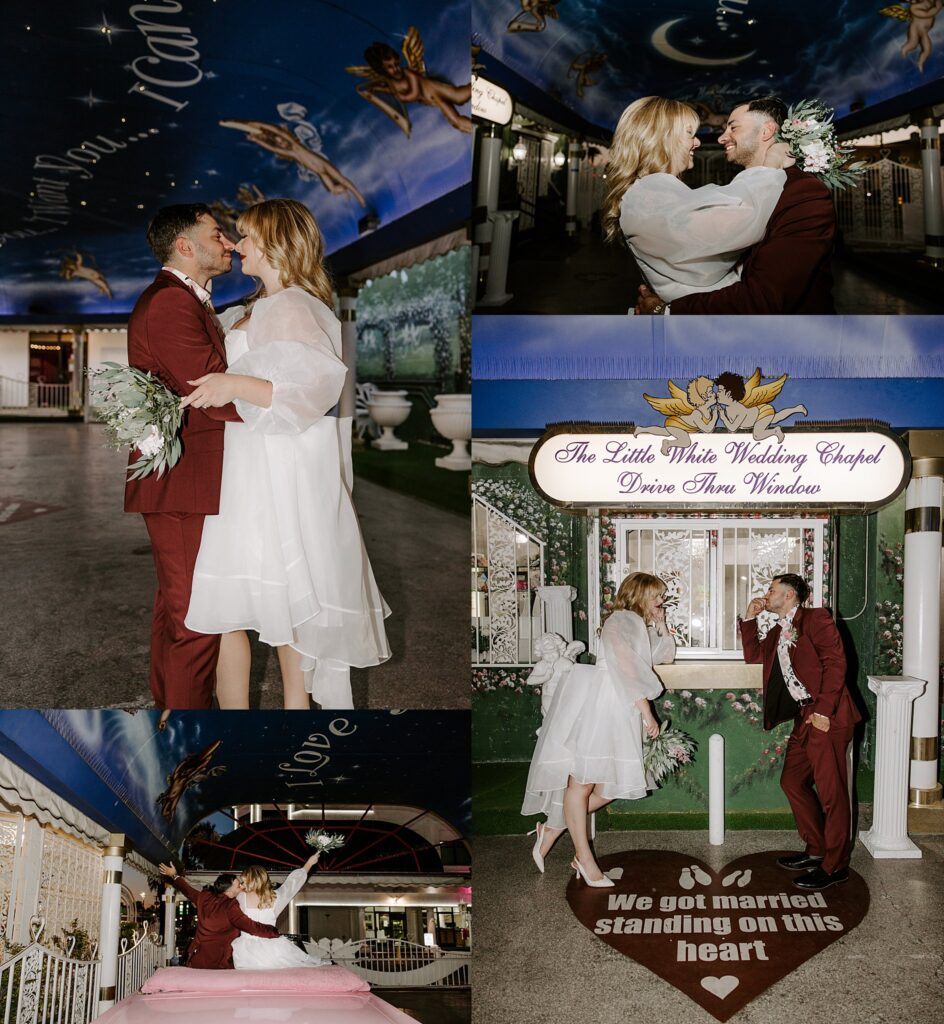 man and woman lean at drive through window of A Little White Wedding Chapel by Las Vegas elopement photographer