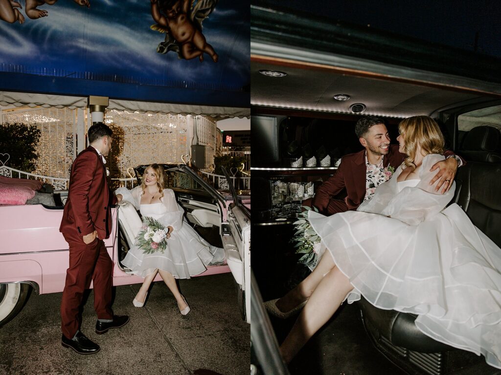 couple gets in limo after wedding by Katelyn Faye photography