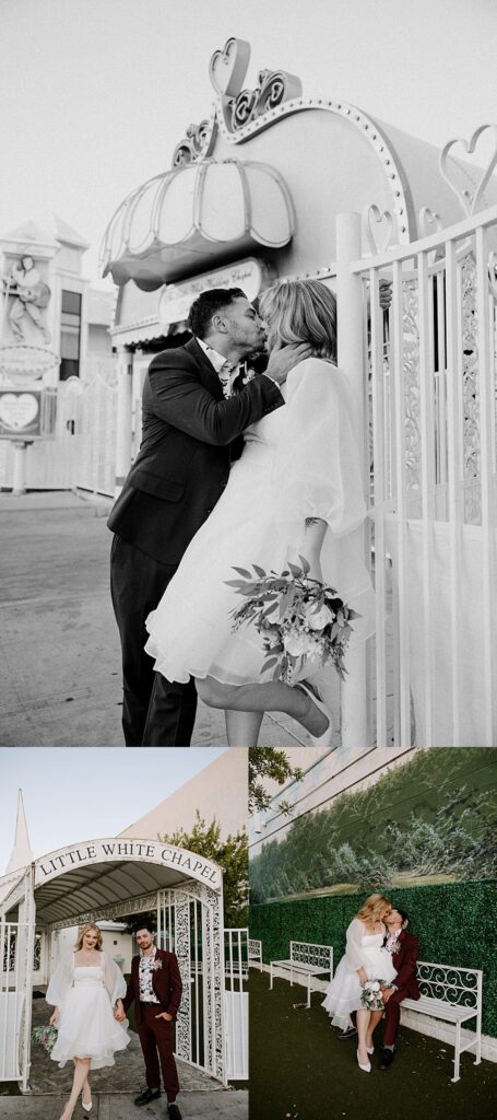 man and woman kiss outside Little White Chapel by Las Vegas elopement photographer