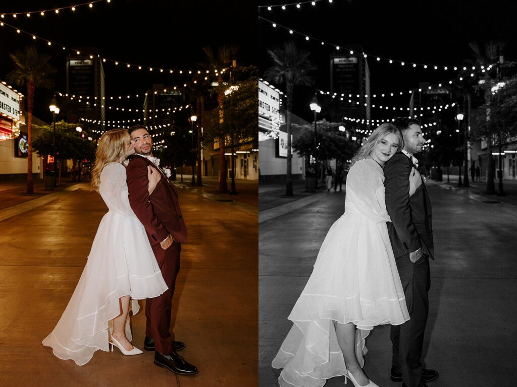 bride hugs groom from behind by Katelyn Faye photography