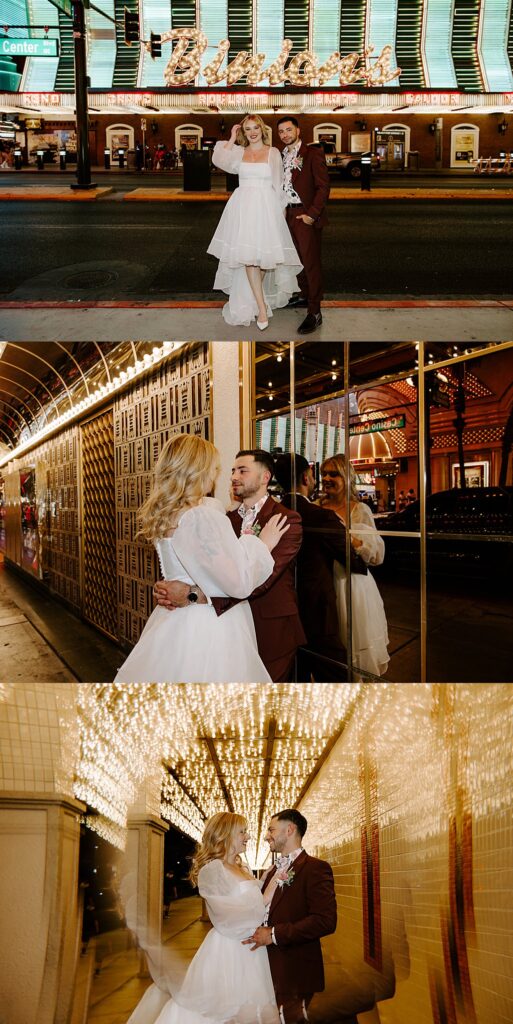 couple hangs out on Fremont street after Elvis ceremony