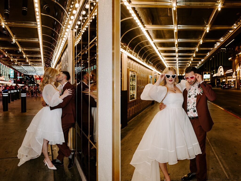 couple wears heart shaped glasses by Las Vegas elopement photographer