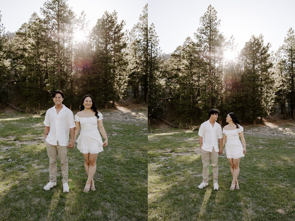 man and woman wear coordinating white and tan outfits by Las Vegas wedding photographer