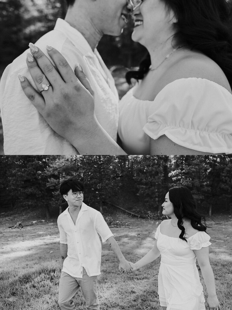 couple looks at each other as they walk holding hands at Mt. Charleston engagement session 