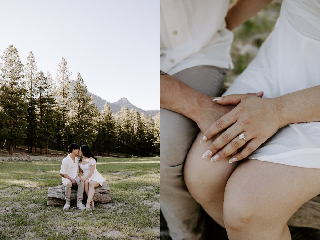 woman shows off manicured hands and ring at Mt. Charleston engagement session 