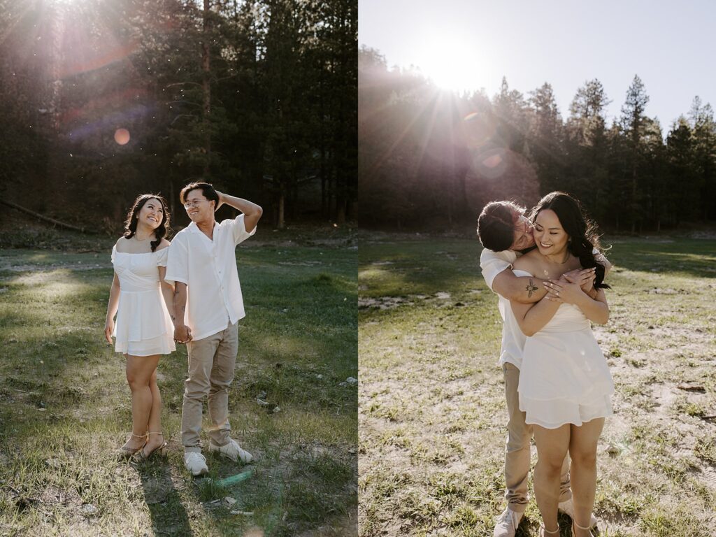 groom-to-be wraps his arms around his fiance by Katelyn Faye Photography