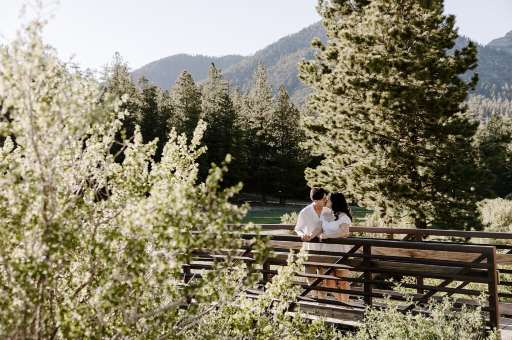 engaged partners kiss on bridge by Katelyn Faye Photography