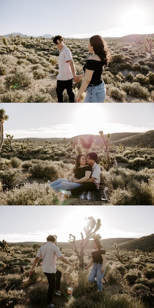 fiances sit on blanket in desert by Las Vegas wedding photographer