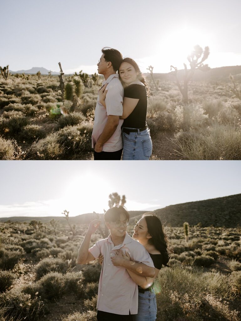 woman hugs man from behind by Las Vegas wedding photographer