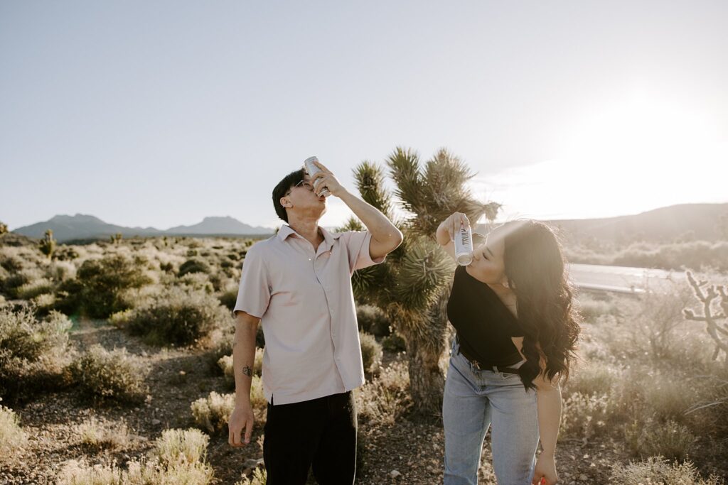 couple shotguns beers at Mt. Charleston engagement session 