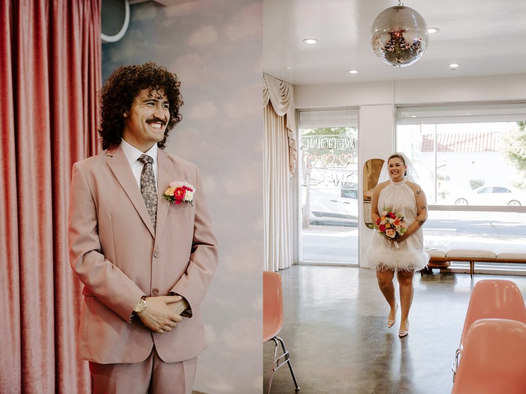 man smiles as bride walks toward him by Vegas wedding photographer