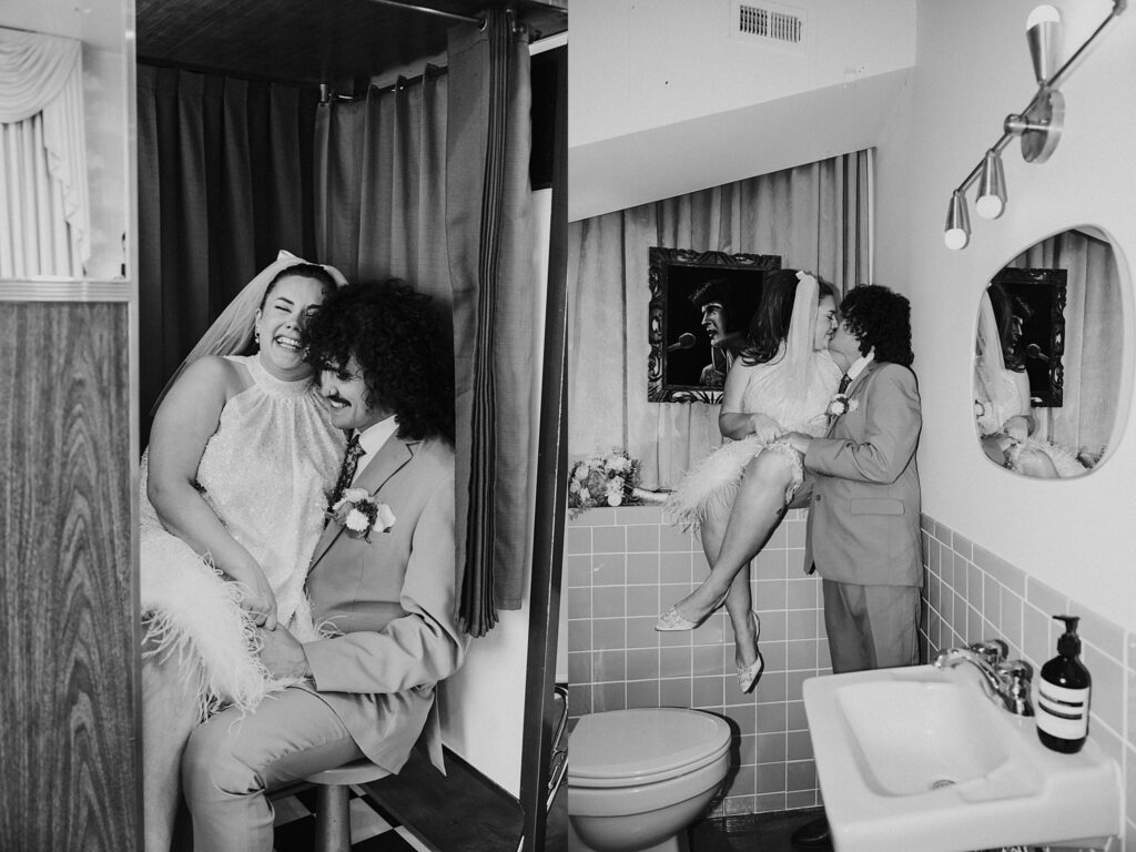 couple kiss in retro bathroom by Vegas wedding photographer