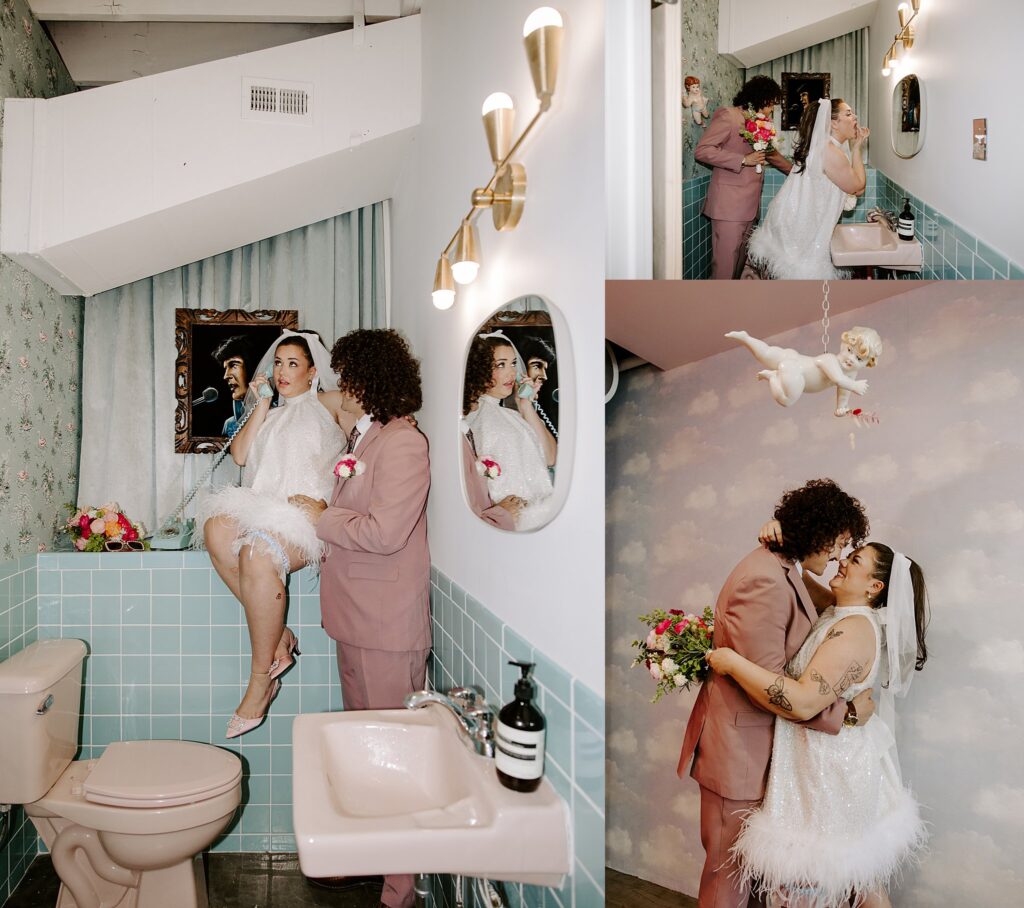 woman makes call in Elvis themed bathroom by Katelyn Faye Photography