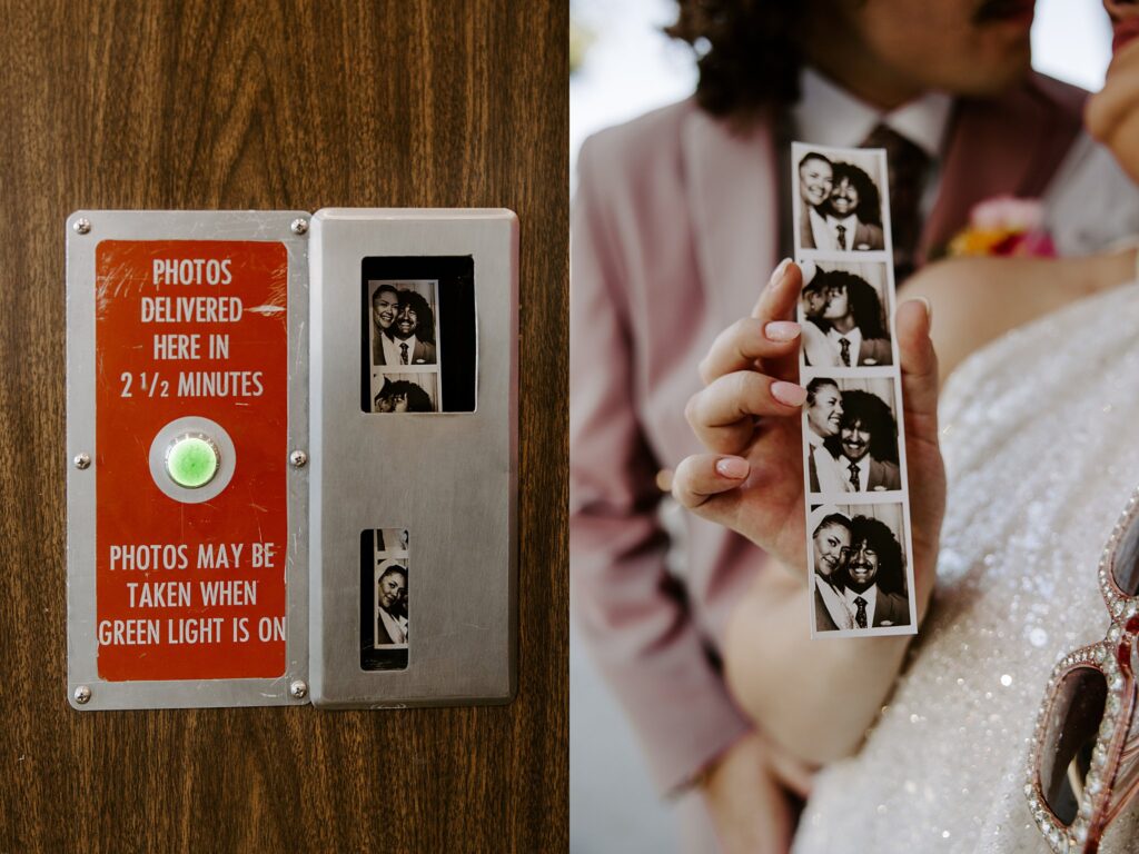 couple shows off photo strip during elopement at Sure Thing Chapel