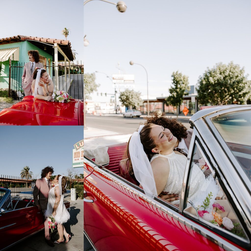 newlyweds sit in red convertible after elopement at Sure Thing Chapel