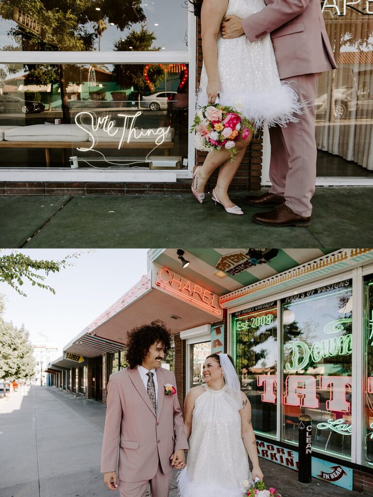 bride and groom wait outside chapel by Katelyn Faye Photography