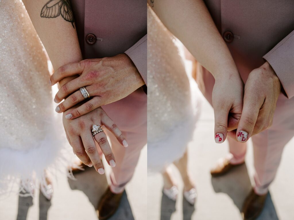 newlyweds show off matching manicure and rings by Vegas wedding photographer