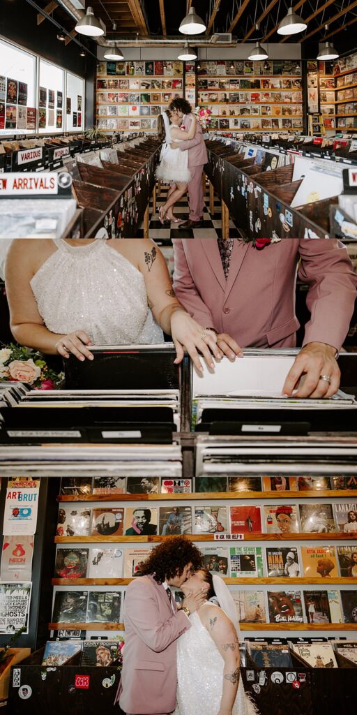 couple kisses in wedding attire in record shop by Katelyn Faye Photography