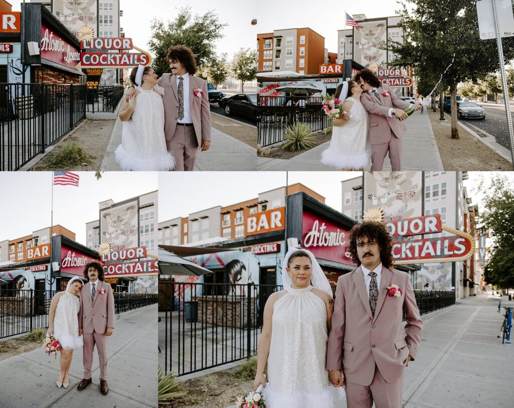 couple pop champagne to celebrate wedding by Katelyn Faye Photography