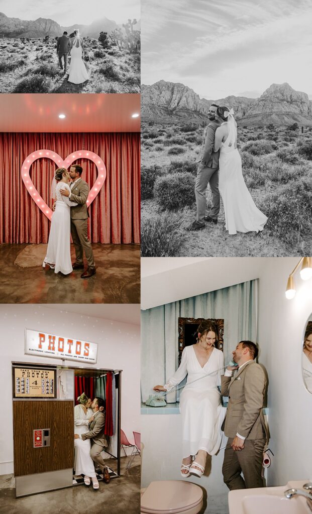 bride and groom kiss in front of pink heart by Las Vegas elopement photographer