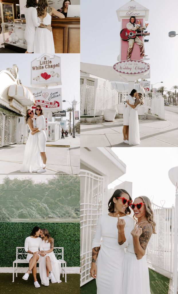 couple kisses in front of A Little White Chapel by Las Vegas elopement photographer