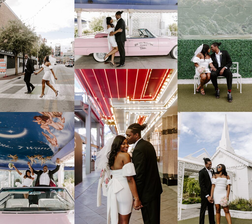 bride and groom hold hands as they cross street by Las Vegas elopement photographer