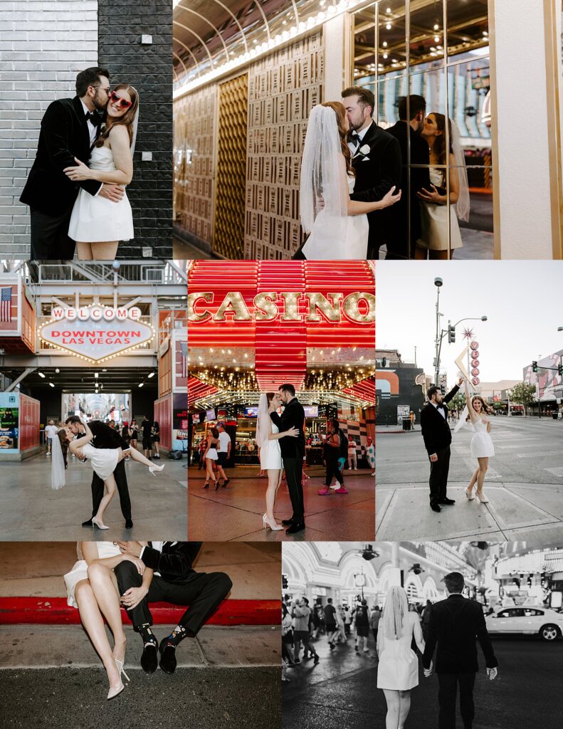 newlyweds kiss on Fremont street by Katelyn Faye Photography