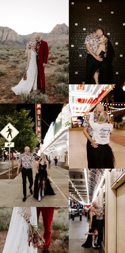 bride and groom walk down the strip holding hands by Las Vegas elopement photographer