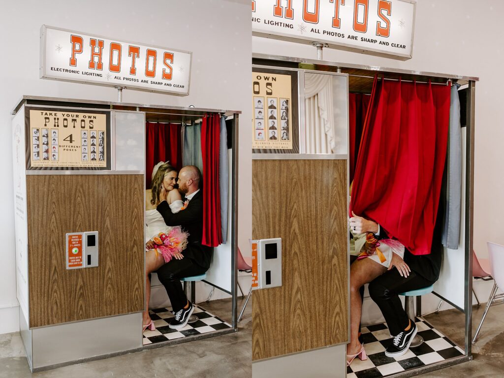 couple kiss in photobooth at Sure Thing Chapel by Katelyn Faye Photography