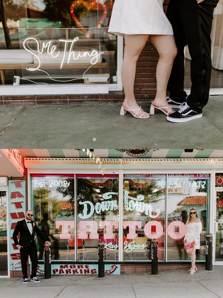 couple stands outside Downtown Tattoo shop after wedding 